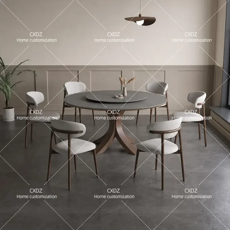 Matte Rock Slab Round Dining Table with Turntable 8 Seater Modern Simple High End Ash Wood Solid Wood Round Table