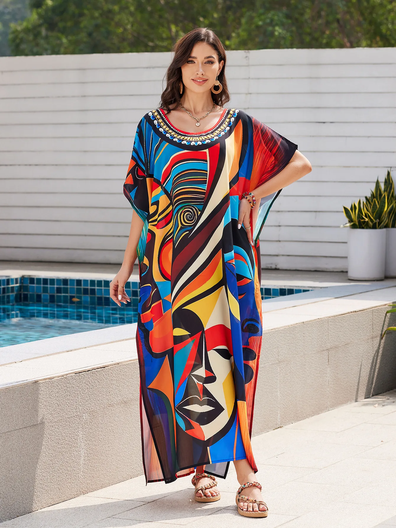 レディース Vネック バットウィングスリーブ カフタン ドレス 軽量 ビーチウェア 水着カバーアップ ムームー トロピカルバケーション用