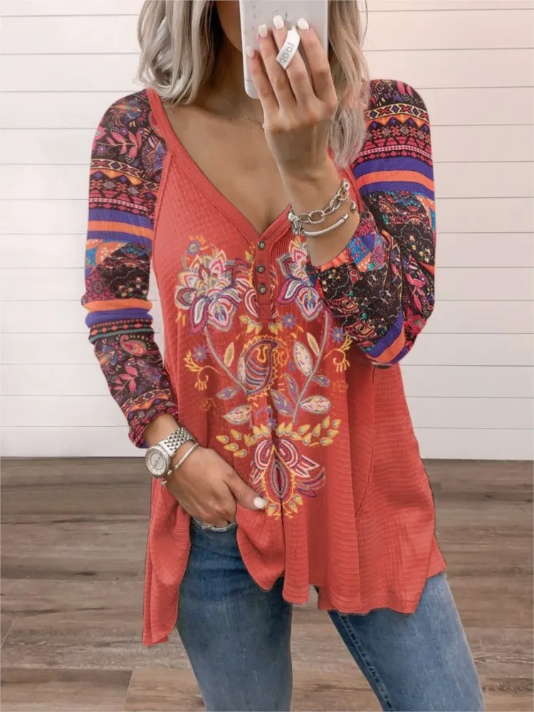 

Autumn Winter New Women's Sexy V-neck Pullover Fashionable Printed Long Sleeved Casual Loose T-shirt Top For Women