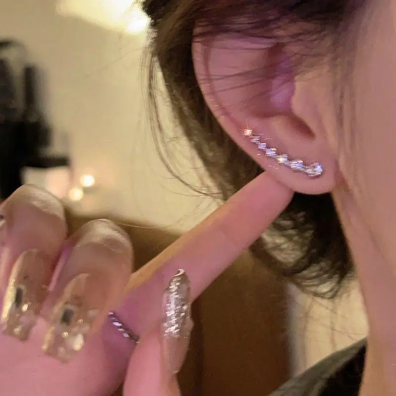 Cubic Zirconia Ear Climber Earrings Hypoallergenic Silver Tone Sparkling Luxury Jewelry for Birthday Gift to Her