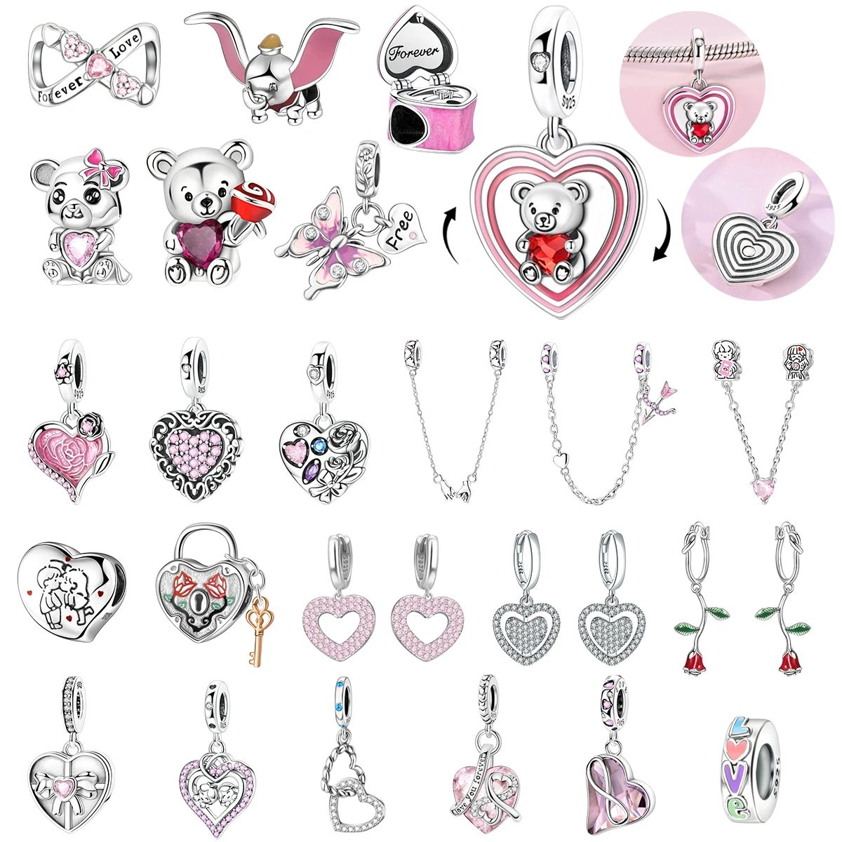

925 Sterling Silver Valentine's Day Charms Beads Bear Heart Flower Original Pendnats Fit Bracelets Necklace Couple Jewelry Gifts