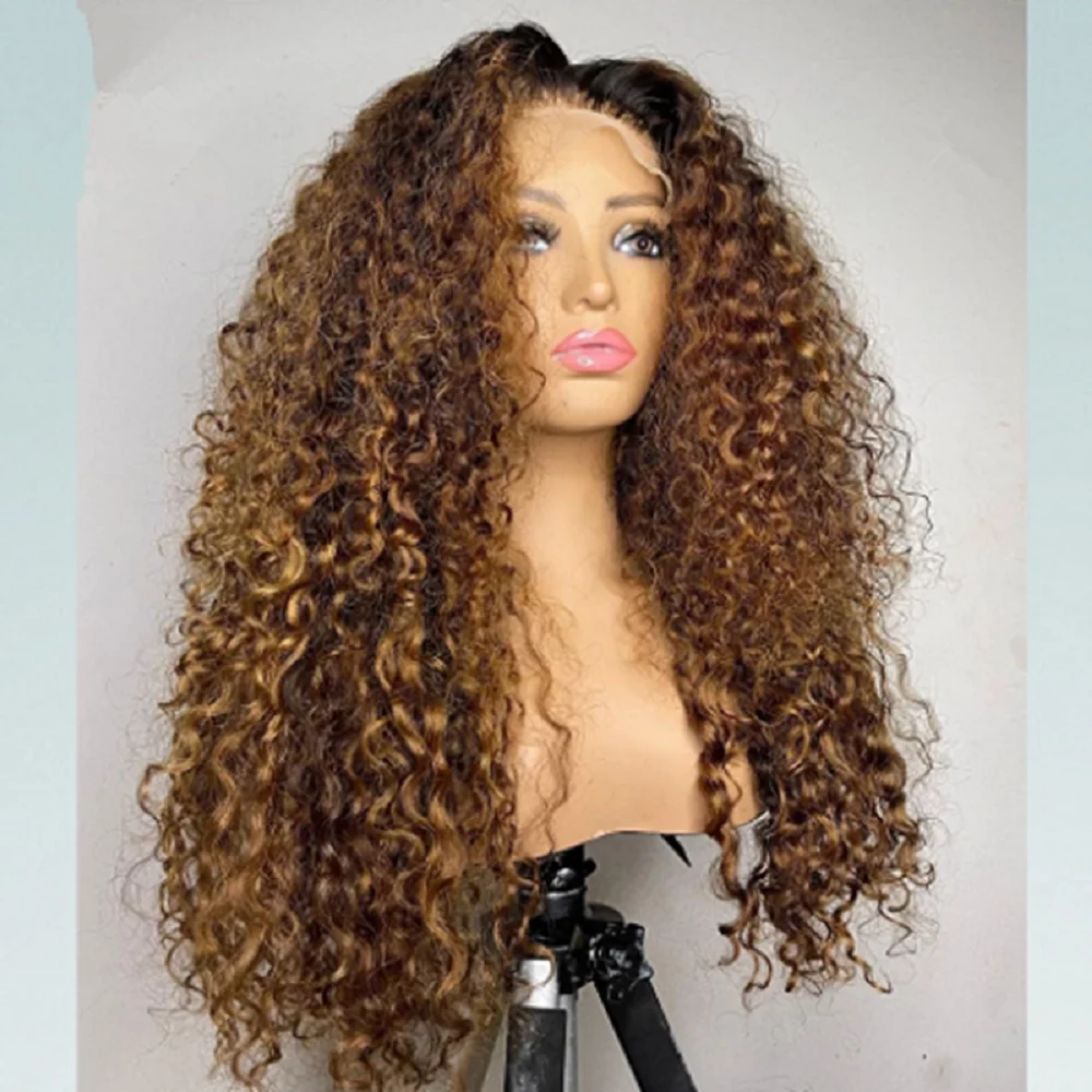 

Мягкие длинные 26 дюймов Ombre Blonde Kinky Curly предварительно сорванные парики фронта шнурка плотности 180 для женщин с волосами ребенка бесклеевые хорошая текстура