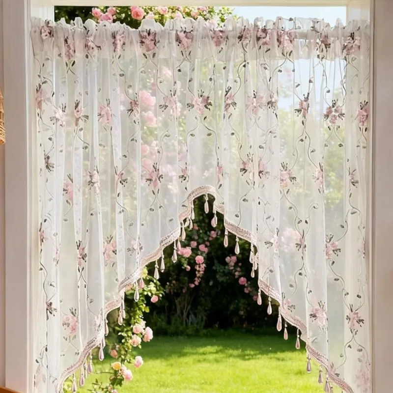 Rustic Triangle Curtain Lace Embroidery Flower Voile Window Drape with Beaded Cafe Half Curtain for Farmhouse Kitchen Decoration