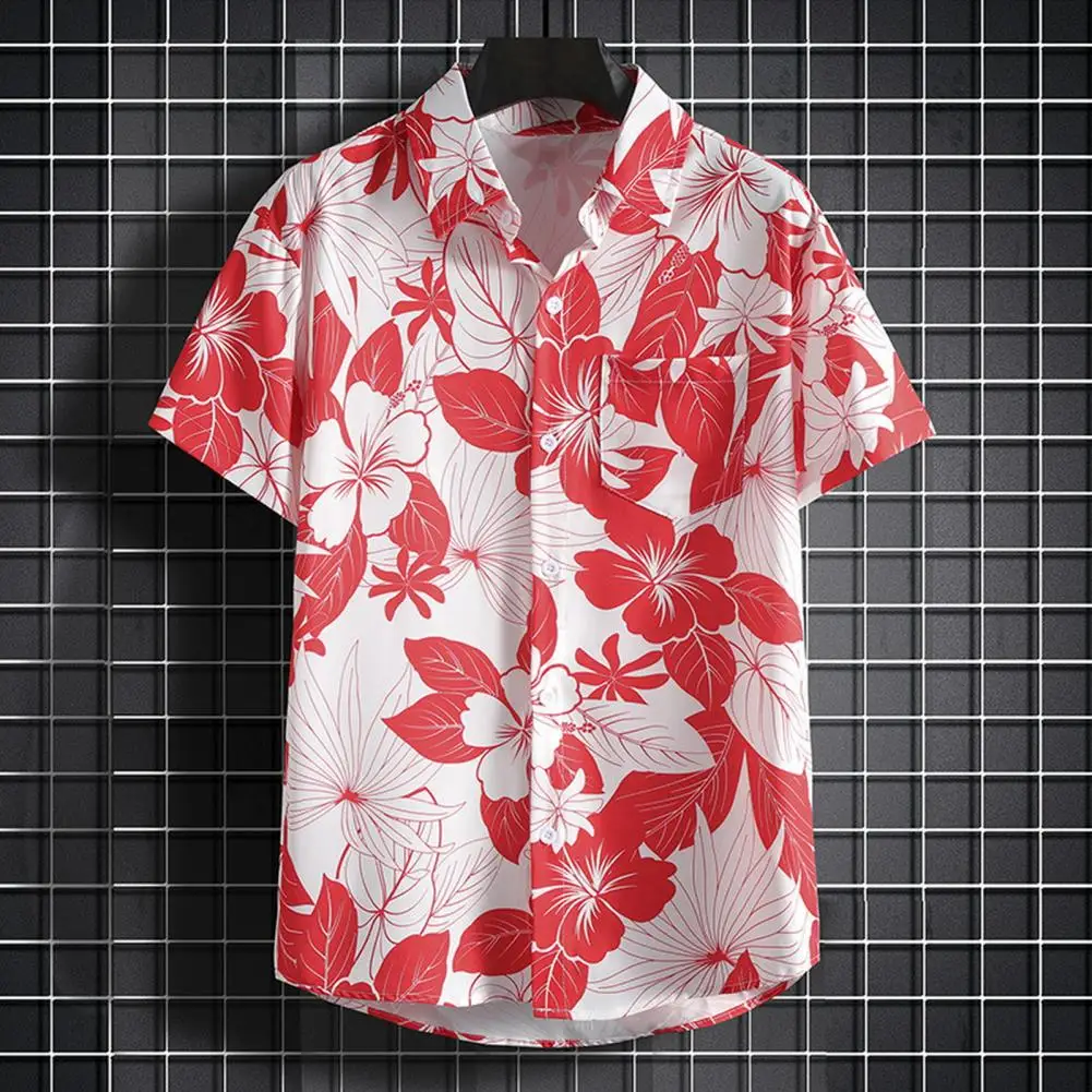 Summer Men Shirt Floral Print Short Sleeves Tropical Style Hawaii Loose Plus Size Shirt Quick Dry Mid Length Vacation Beach Top