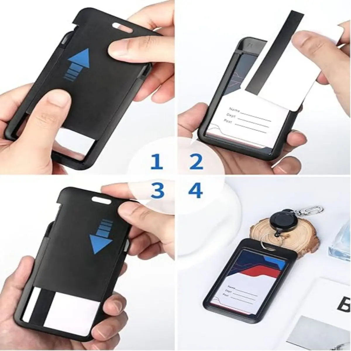 2/5Pcs Sliding Badge Holder - Hard Black Vertical Plastic Card Case Protector with Retractable Badge Reel Carabiner image 6
