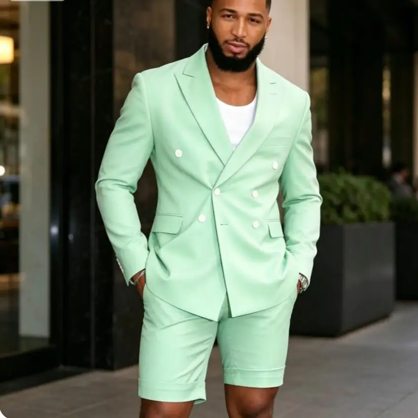 Latest Design Mint Green Men Suits Double Breasted Blazer Short Pants Groom Tuxedo Best Man Wedding Suits 2 Piece (Jacket+Pants)