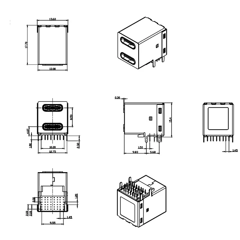 1pcs Type-C  16+16Pin female seat double-layer dual port curved plug-in board with full coverage straight edge 32Pin