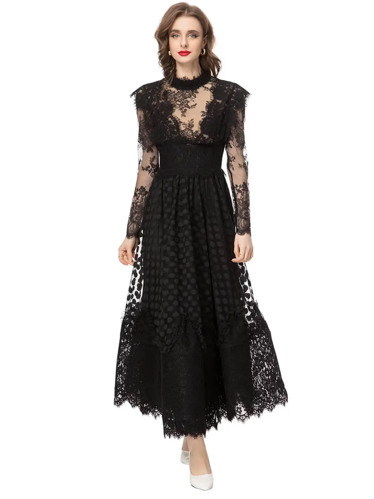 Women\'s Long Sleeve Patchwork Lace Evening Dress, Runway  Black Color, Stand Collar, High Street Slims, Party, Autumn Fashion