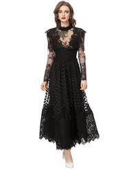 Women's Long Sleeve Patchwork Lace Evening Dress, Runway  Black Color, Stand Collar, High Street Slims, Party, Autumn Fashion