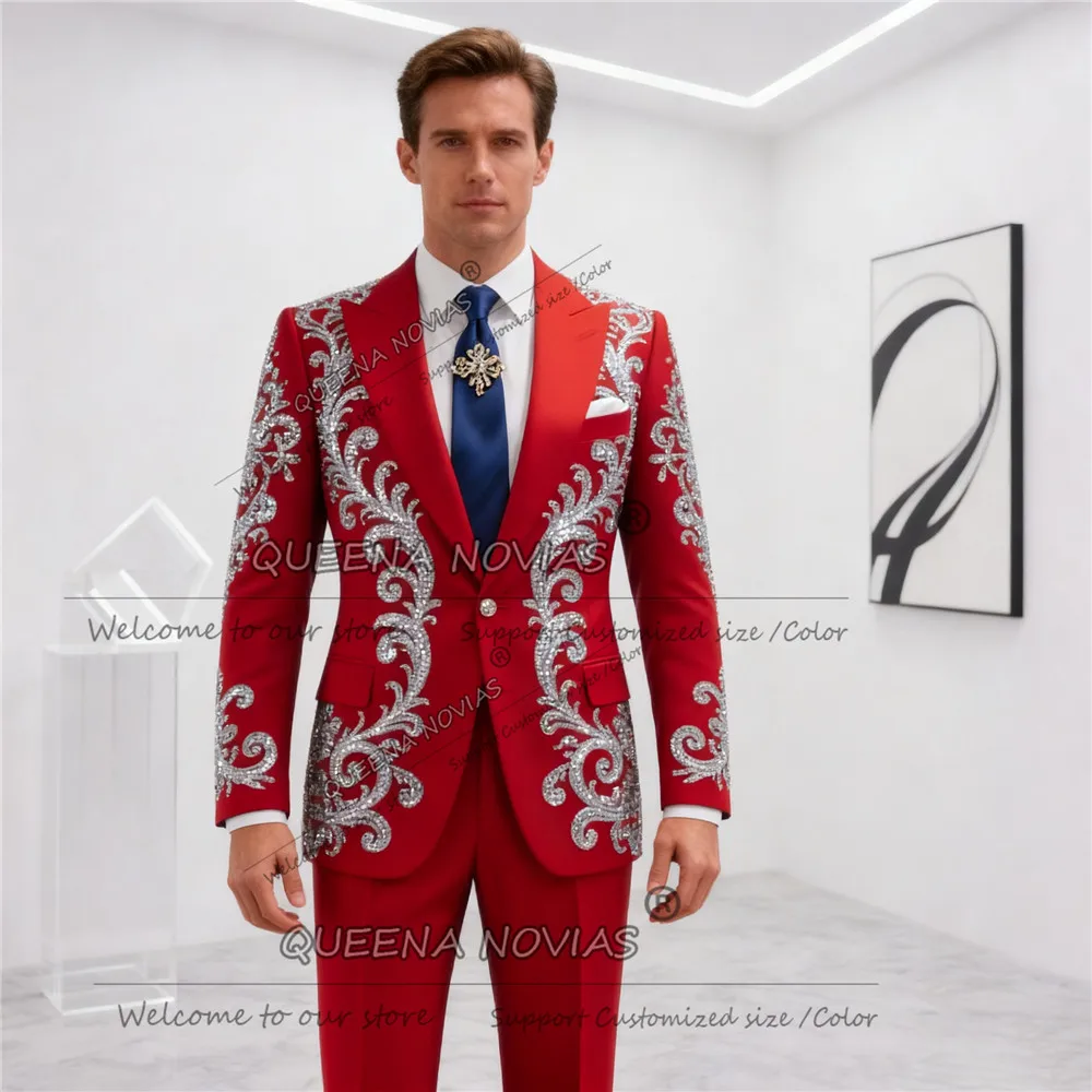 

Индивидуальный костюм с кристаллами из бисера, мужские однобортные пиджаки для выпускного вечера, комплекты из 2 предметов, свадебные смокинги, наряды, trajes para hombre, роскошные