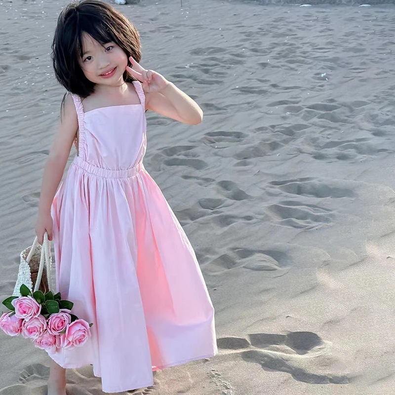 2-8T Summer Girls\' Open Back Sling Dress Strap Princess Long Dress Simple Fresh Pink Party Dress Children Holiday Beach Vestidos