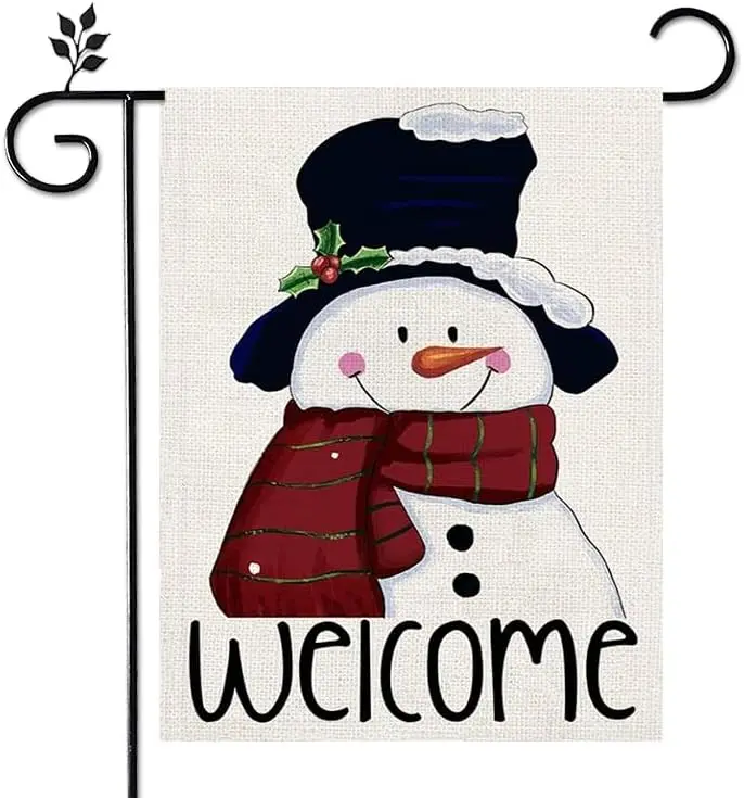 Welcome Christmas Winter Snowman Garden Flag 12x18 inch, home outdoor Patio Plaid Double-sided Linen Garden Flag Decoration -C