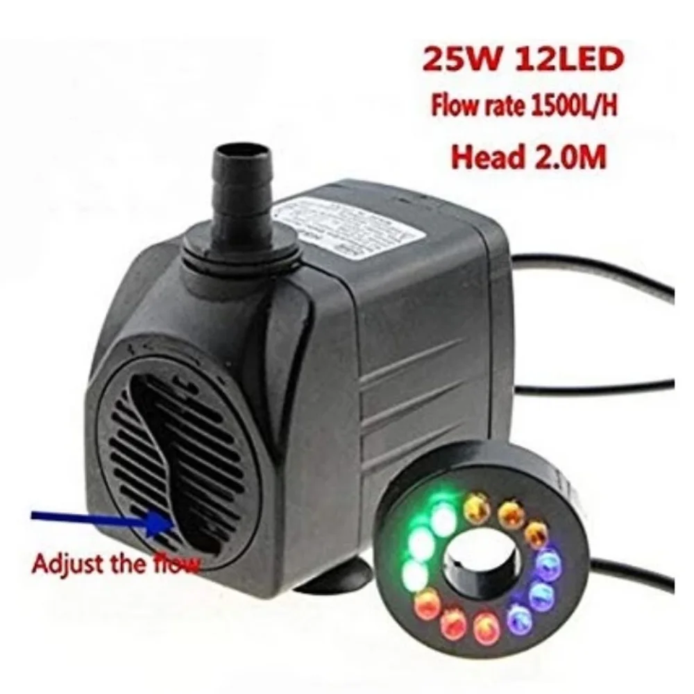 Water Fountain 5W 7W 25W High Pump with 12 LED Lights Cord for Aquarium Fountain Fish Tank Pool Garden Pond