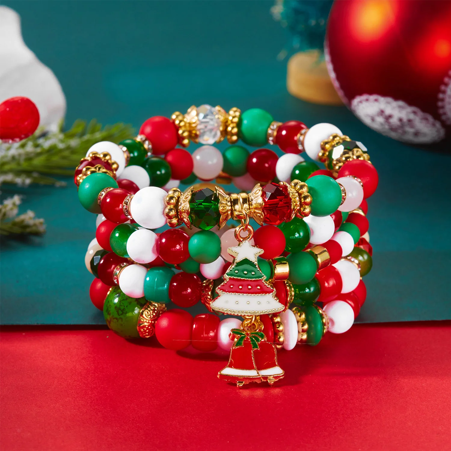 4 قطعة شجرة عيد الميلاد الملونة ندفة الثلج جرس سحر سوار للنساء كريستال الخرز التراص أساور هدايا مجوهرات الحفلات