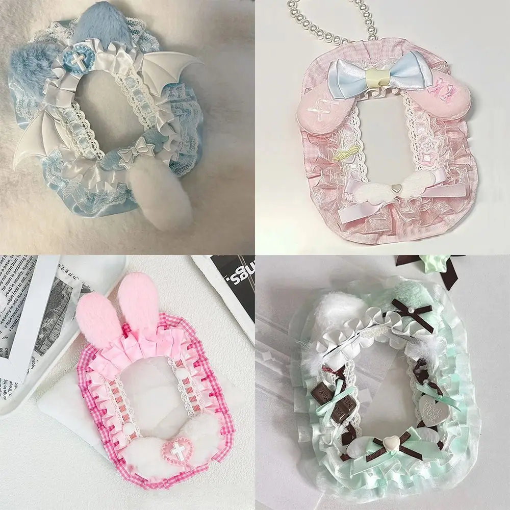 Cute Pink Bow Card Holder Plush with Ribbon Photo Protector Case Anime Lace Photocard Holder