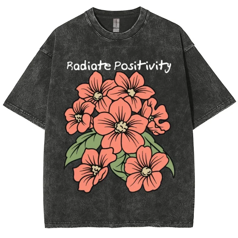 Pink Hand Painted Flower Print  T-Shirt Loose Oversized Wash Unisex Short Sleeve Fashion Casual Design Top 2024 Summer