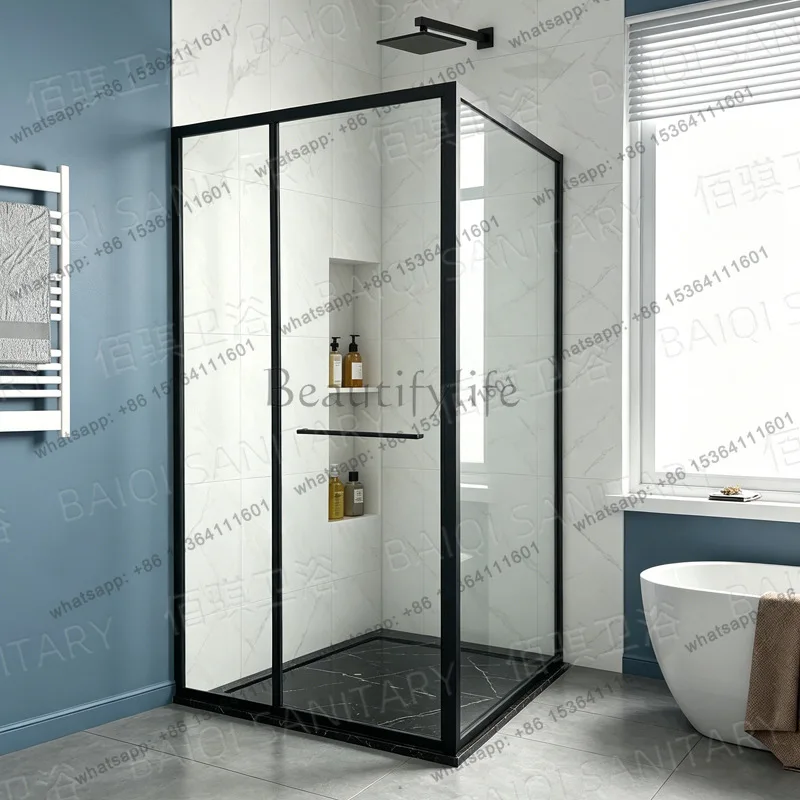 Black frame square shower room simple partition bathroom waterproof side sliding glass door