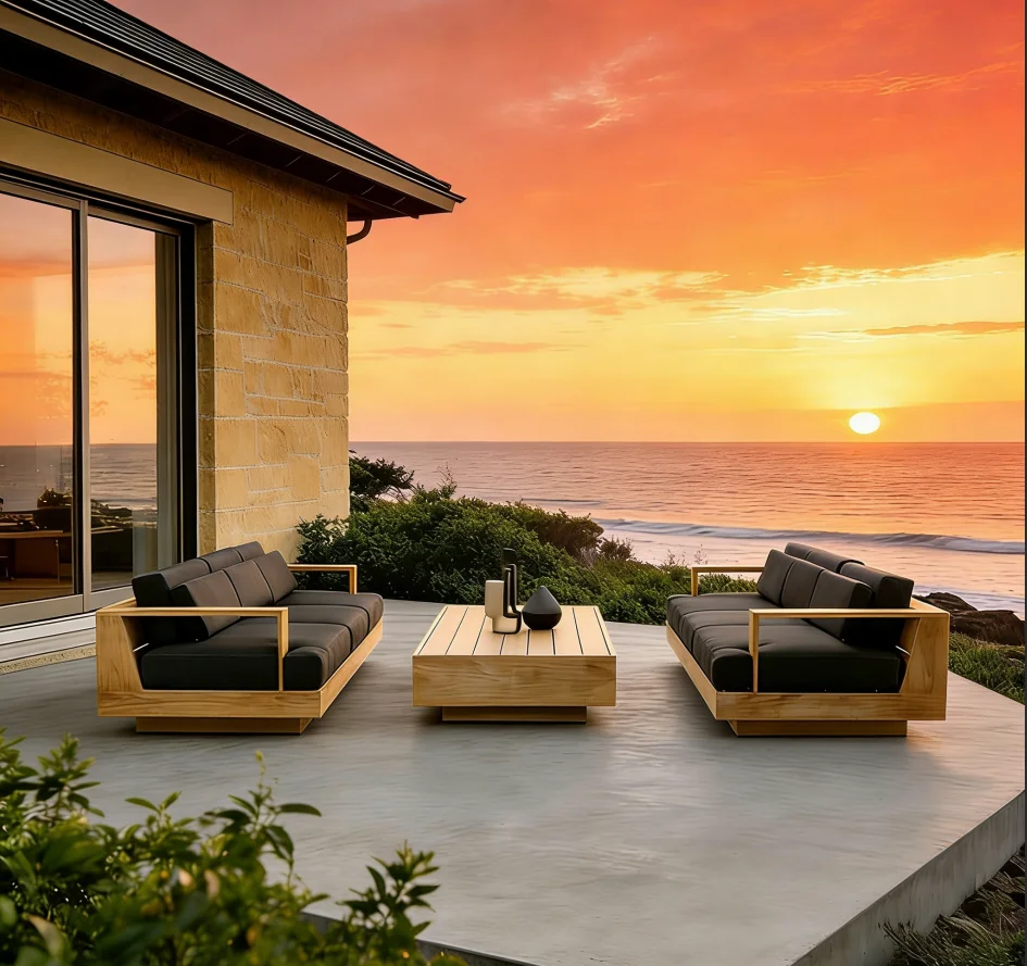 @3 # Luxury Teak Wood Modern Waterproof Durable Rust-Proof Eco-Friendly Outdoor Sofa Set Patio Garden Villa Outdoor Furniture