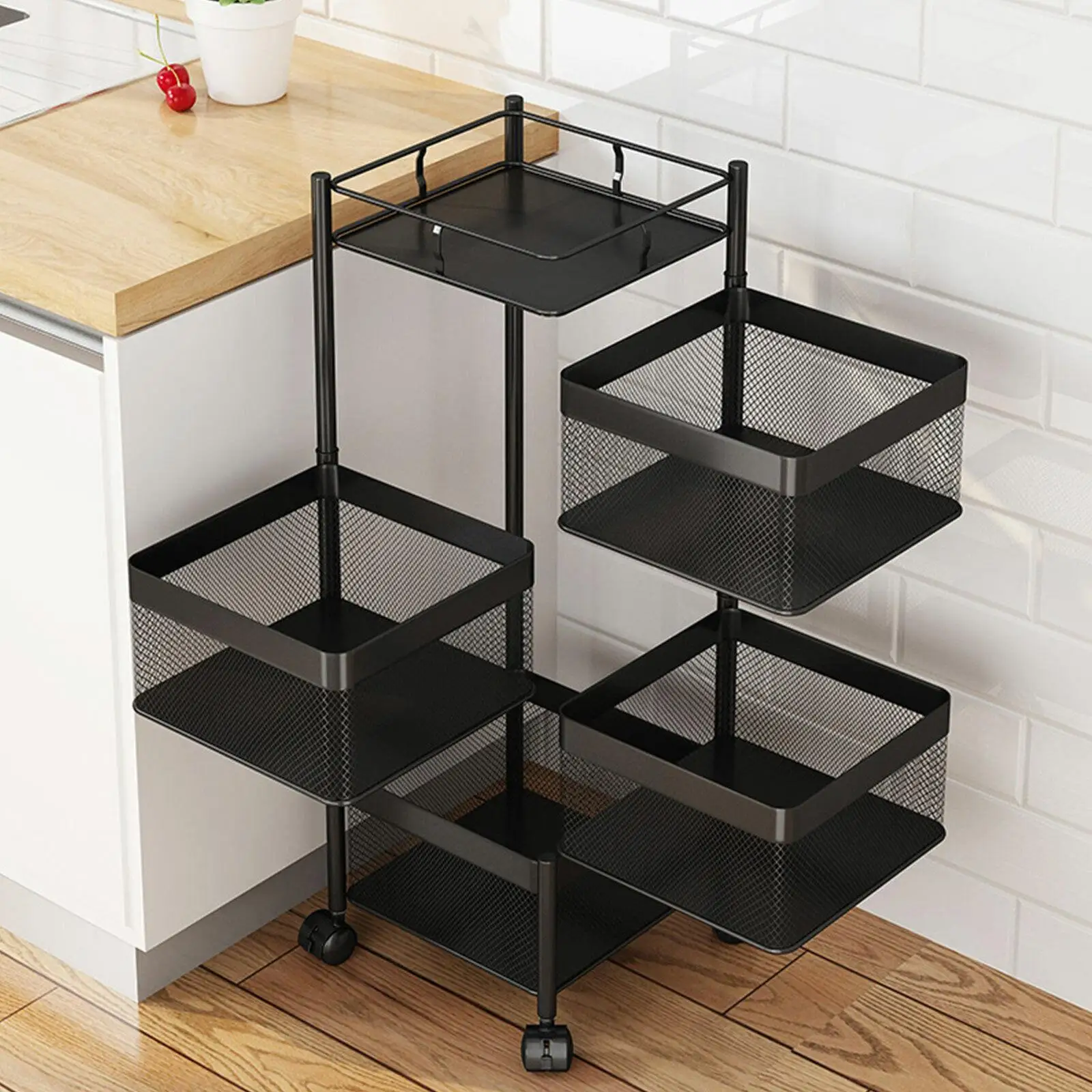 Mobile 4-Tier Rotating Storage Organizer, Rolling Utility Cart Storage Shelf