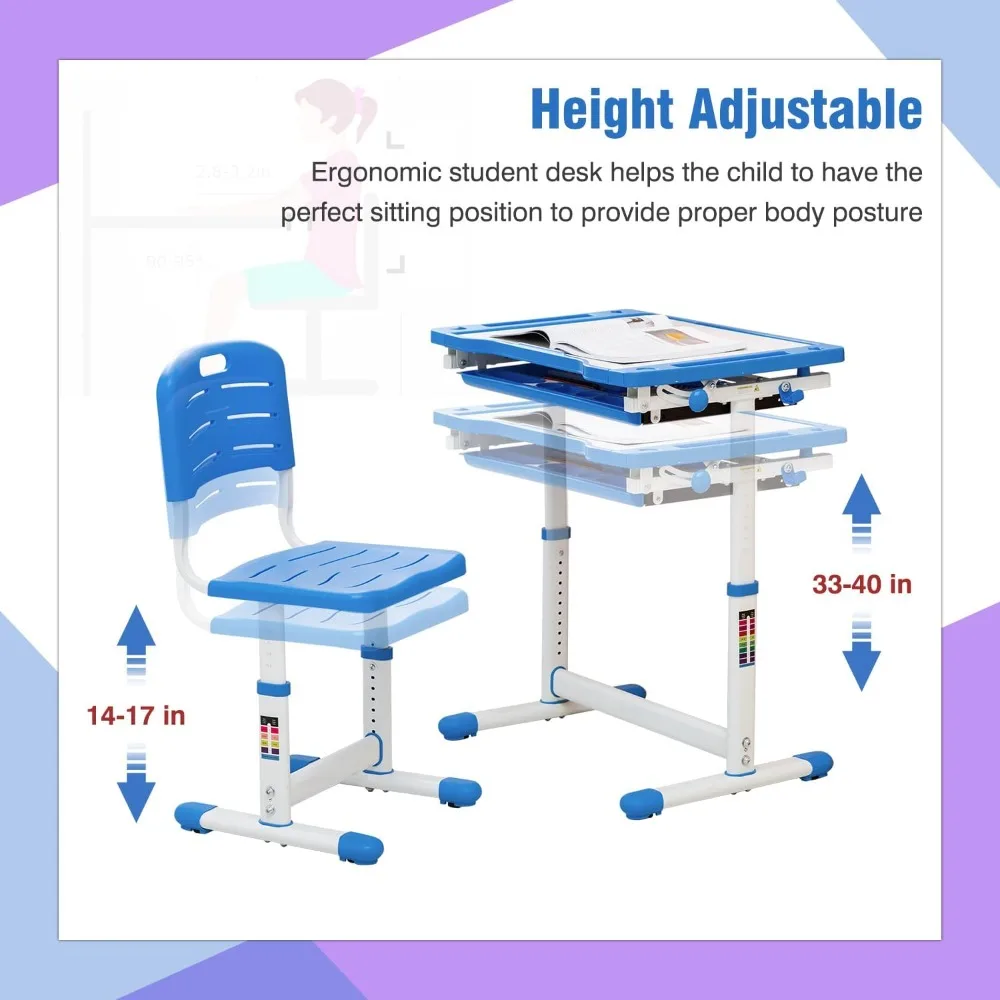 Children's desk and chair set, height adjustable children's learning desk with drawer storage space