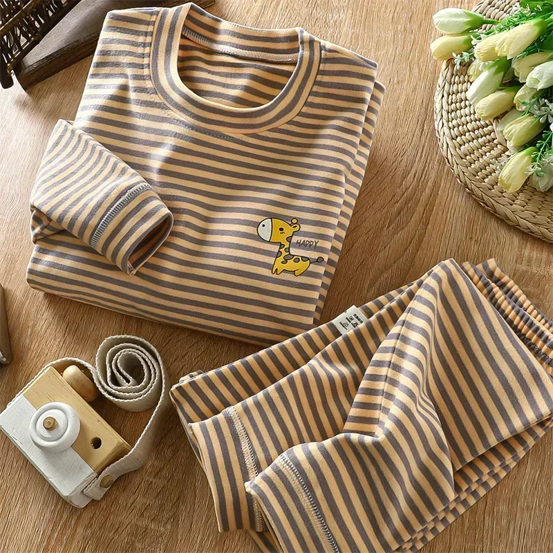 Children\'s Pajamas Sets Thickened Warm Sleepwear Kids Stripe Baby Clothes Set Boys Girls Thermal Underwear Velvet Baby Homewear