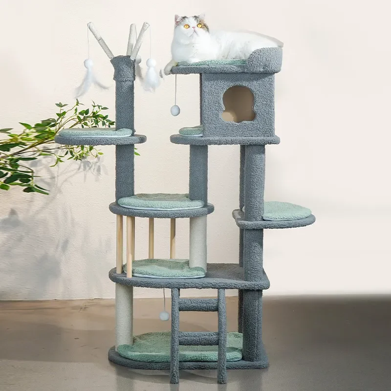 

Multi-Level Cat Tower for Indoor Cats,2 Widened Plush Perches Cat Condo with Scracthing Board and Big Caves
