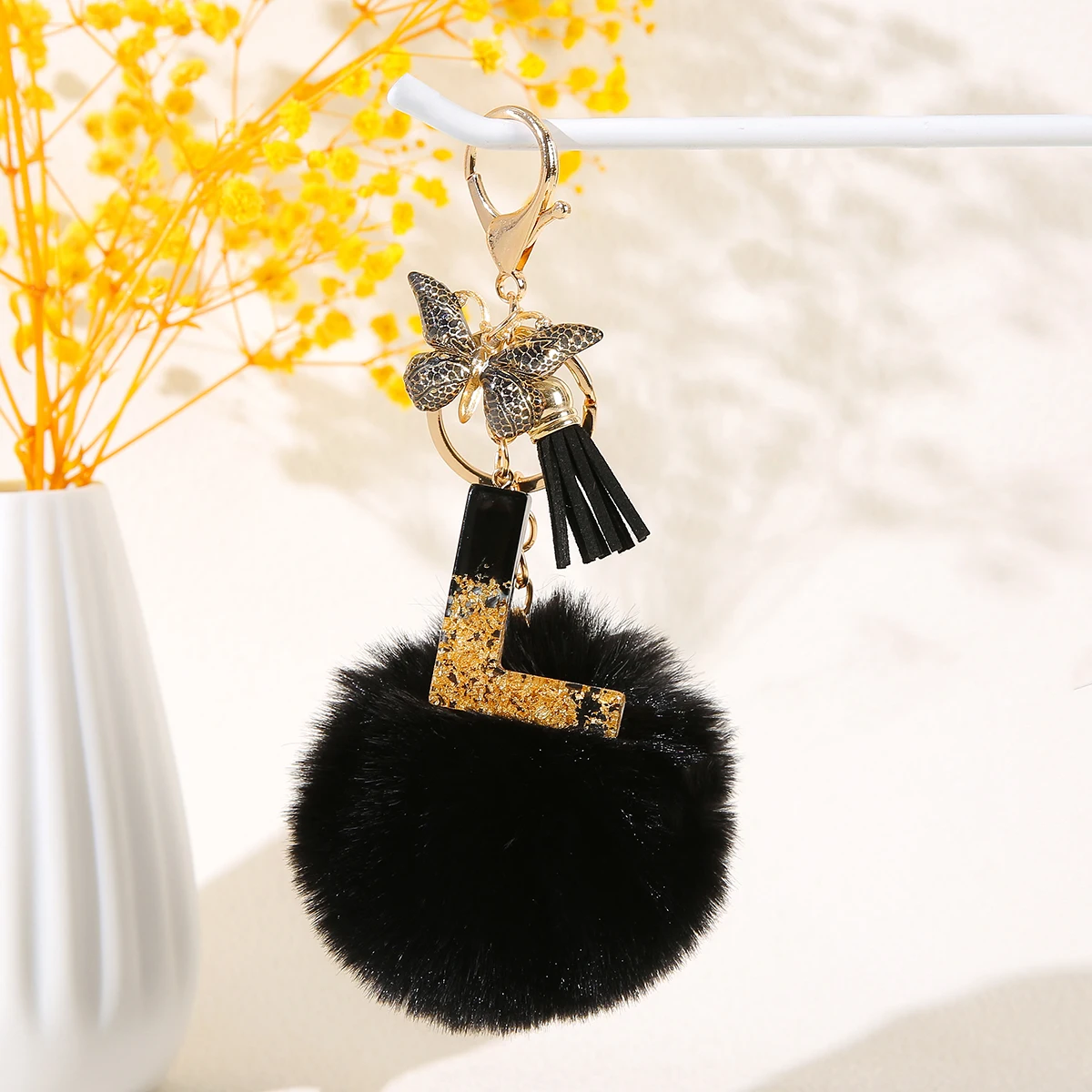 Black Adorable A-Z Alphabet Initial Letter Pom Keychain Backpack Charm Pendant - Perfect Gift for Women Gentleman Pupil view 5