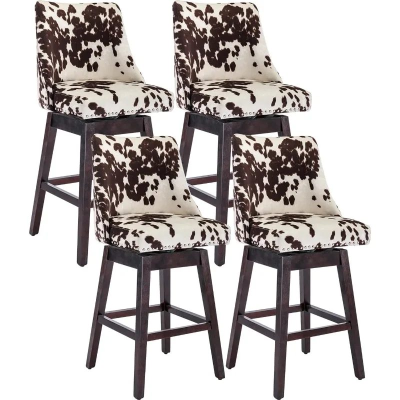 Velvet Counter Height Bar Stools Swivel Farmhouse Bar Stools with Wood Legs Nailhead Footrest for Kitchen Island, Set of 4- Cow