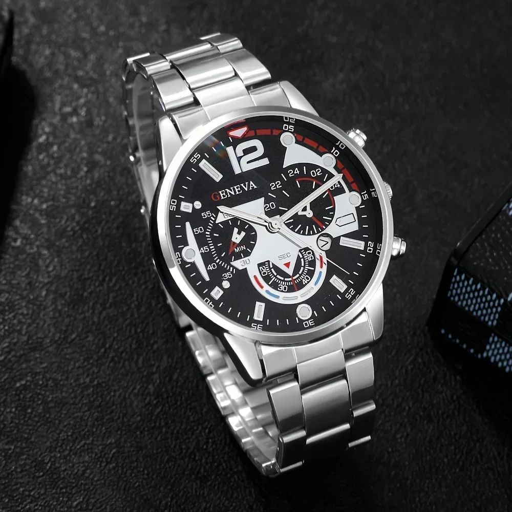 AAABC3PCS/Set Men's Quartz Watch with Calendar Feature, Fashionable Non-Waterproof Round Dial, Zinc Alloy Case & Strap