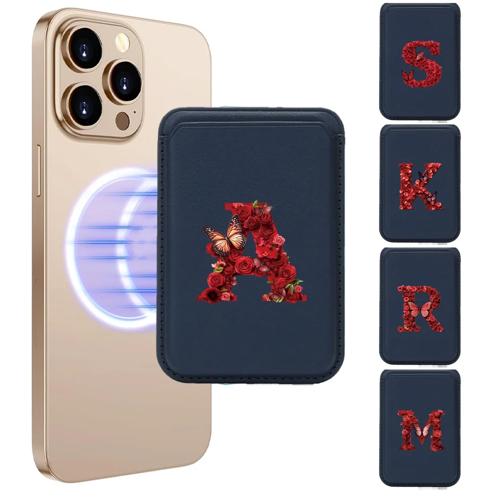 

Deep Blue Card Holder Sleek Minimalist Lightweight & Portable PU Leather Magnetic Card Pocket Daily Essentials Red Rose Pattern