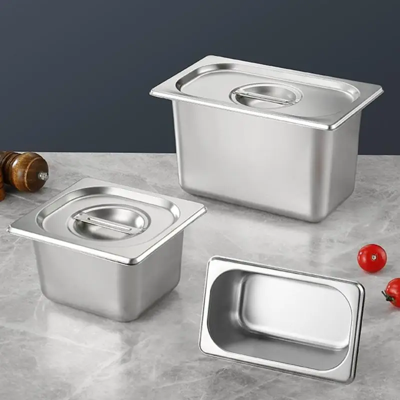 

Stainless Steel 1/3 Size Kitchen Pan with Lid For Commercial Preparation And Space Saving Storage Container Tub D2RD