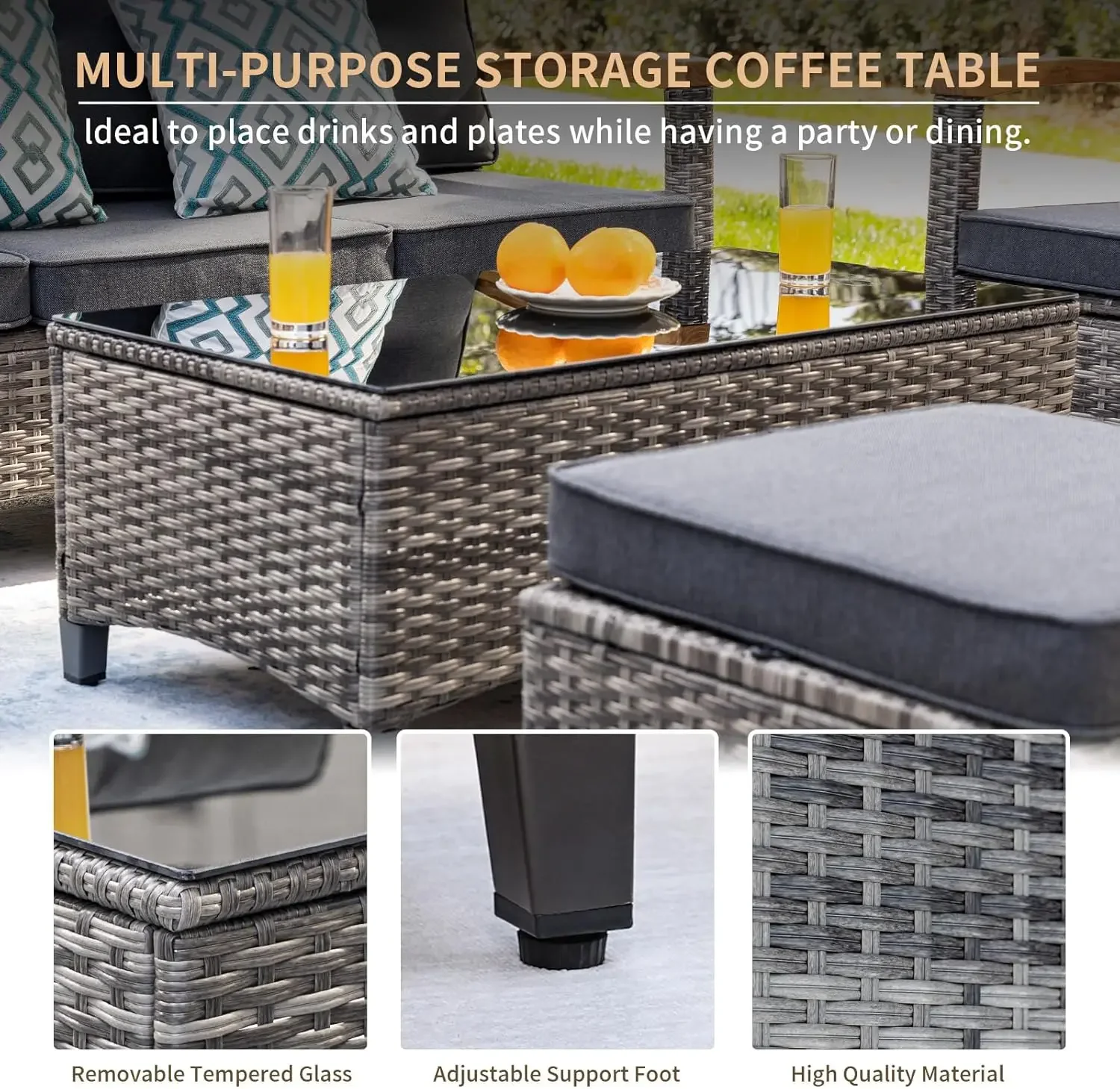 Patio Outdoor mobili in Rattan set di conversazione con braccioli in legno sedie a dondolo girevoli, pouf, sedile Sofaand tavolino