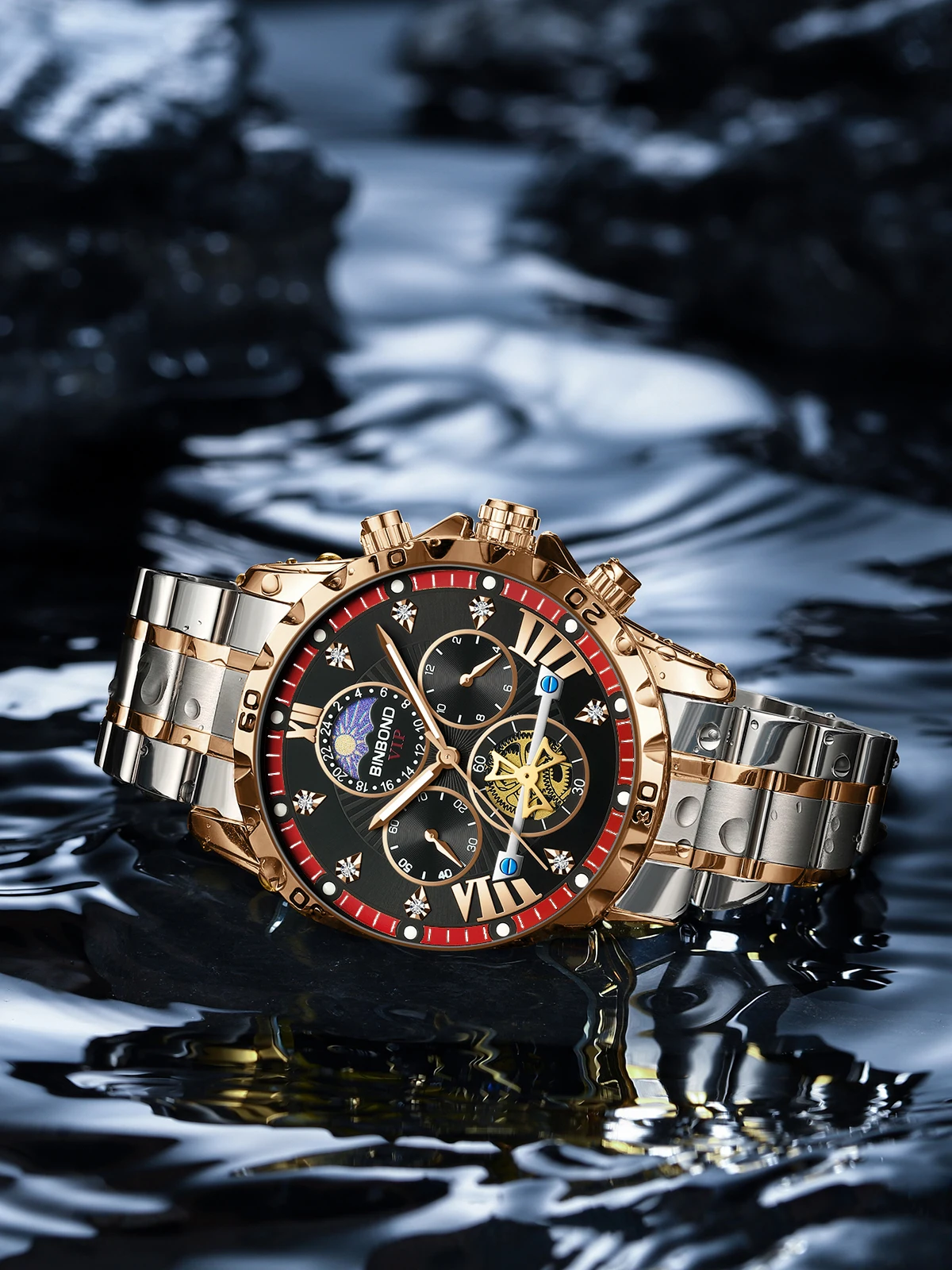 BINBOND Tourbillon Orologio da lavoro Impermeabile Luce notturna Data Orologio da uomo con striscia in acciaio Orologio da uomo di moda di lusso