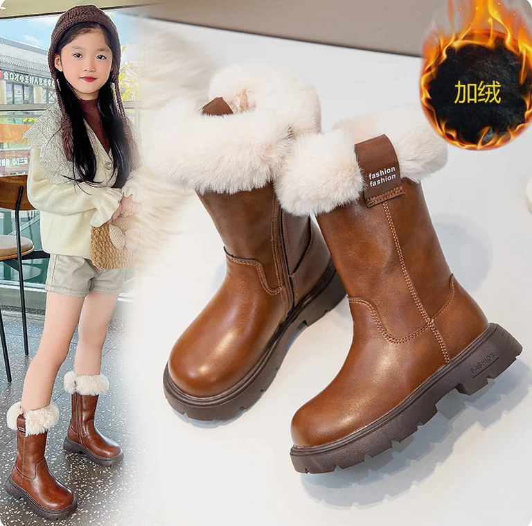 Girls Long Boots for Kids Autumn Winter Children Fashion Princess Leather Knee High Boots Plush Warm Kid Causal Cotton Snow Boot