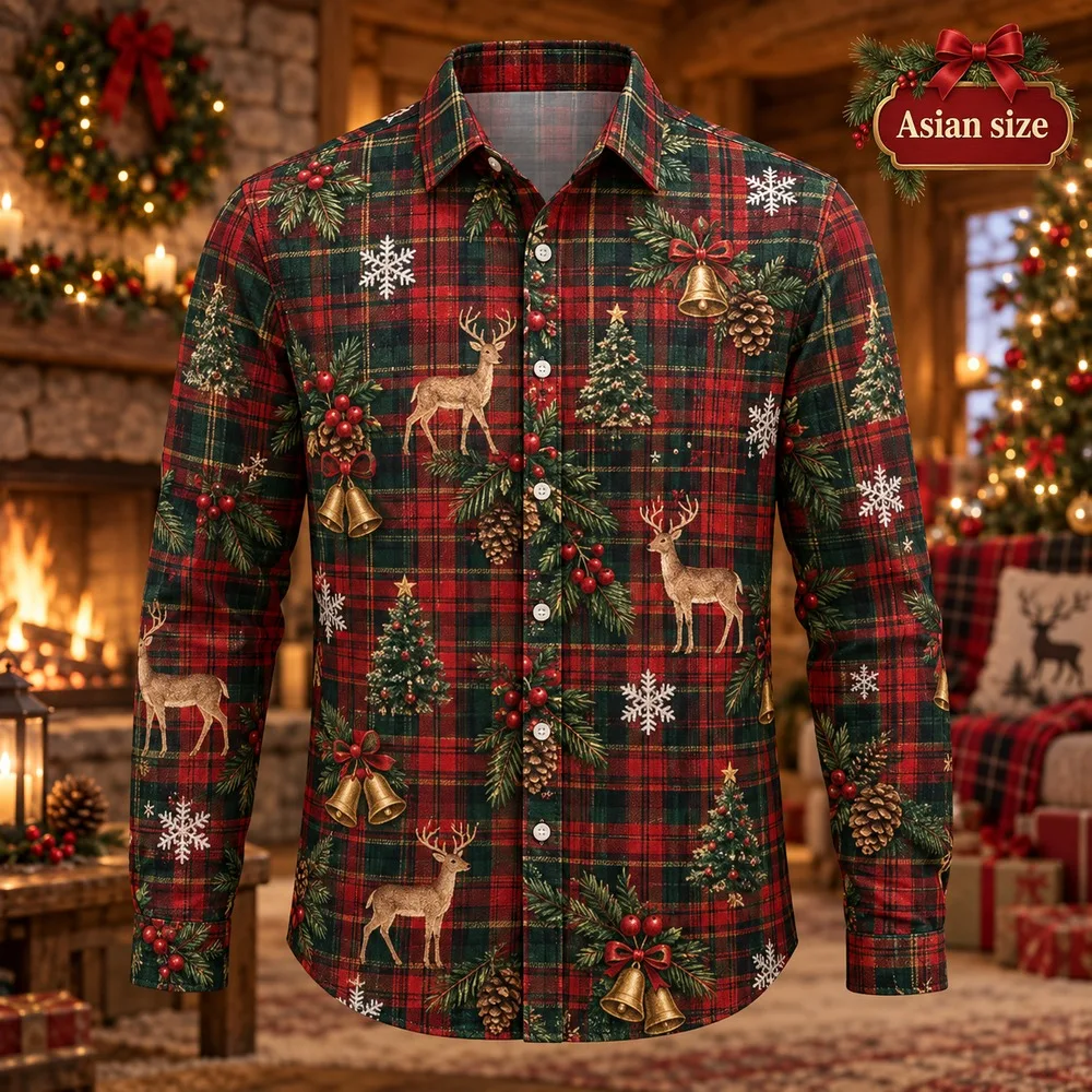 Rustic Plaid Christmas Long Sleeve Button Down Shirt for Men 3D Print Polyester Holiday Party Festive Graphic Top Shirts