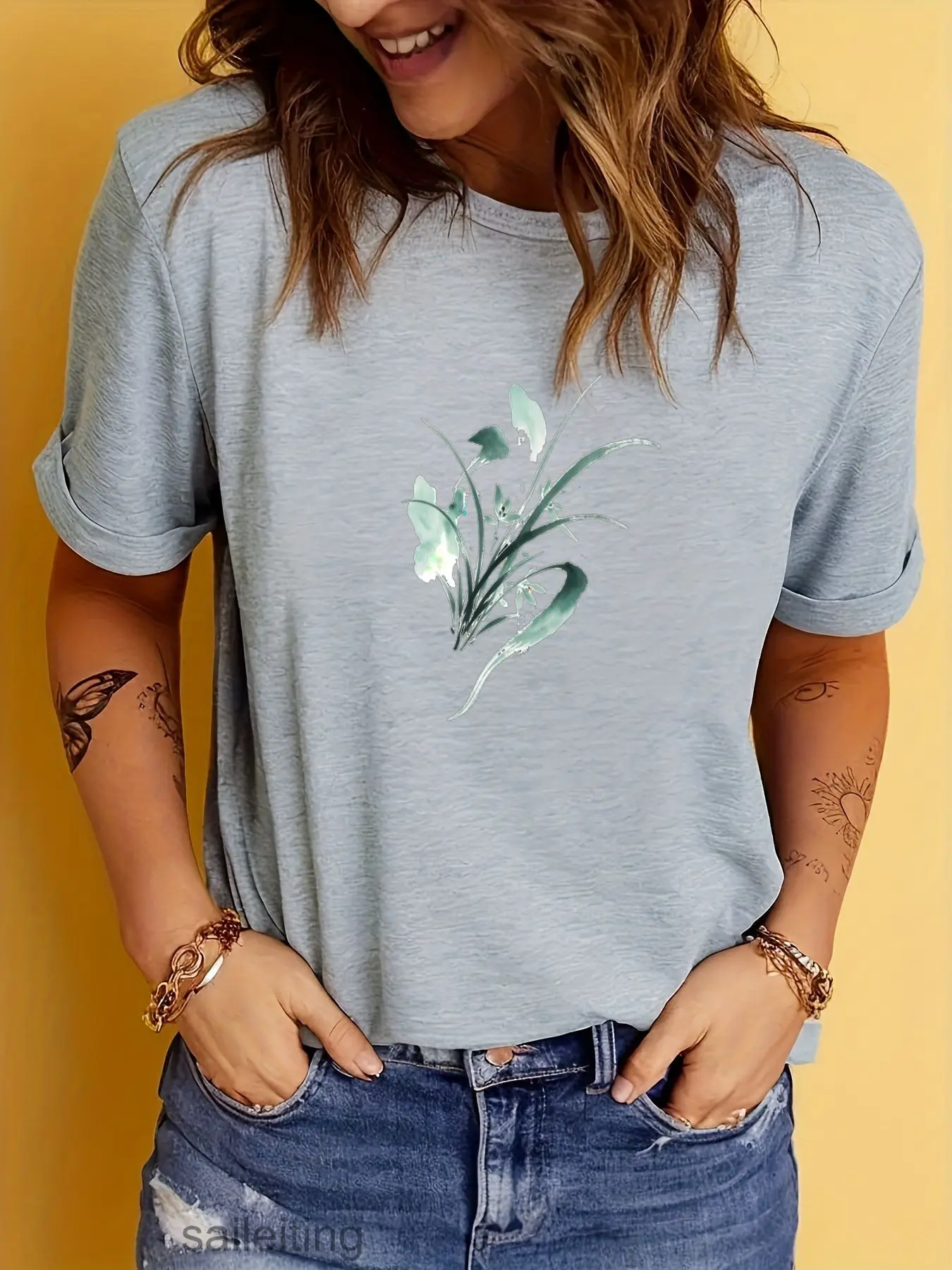 Women's White Short Sleeve T-Shirt with Rolled Cuffs, Delicate Watercolor Botanical Print Teal Sage Leaves, Casual Tee for Su