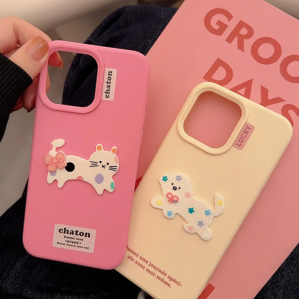 Koreanische süße Cartoon 3D Welpen Kätzchen Aufkleber weiche Telefon Fall für iPhone 16 15 14 13 12 Pro Max Candy stoßfeste Schutzhülle