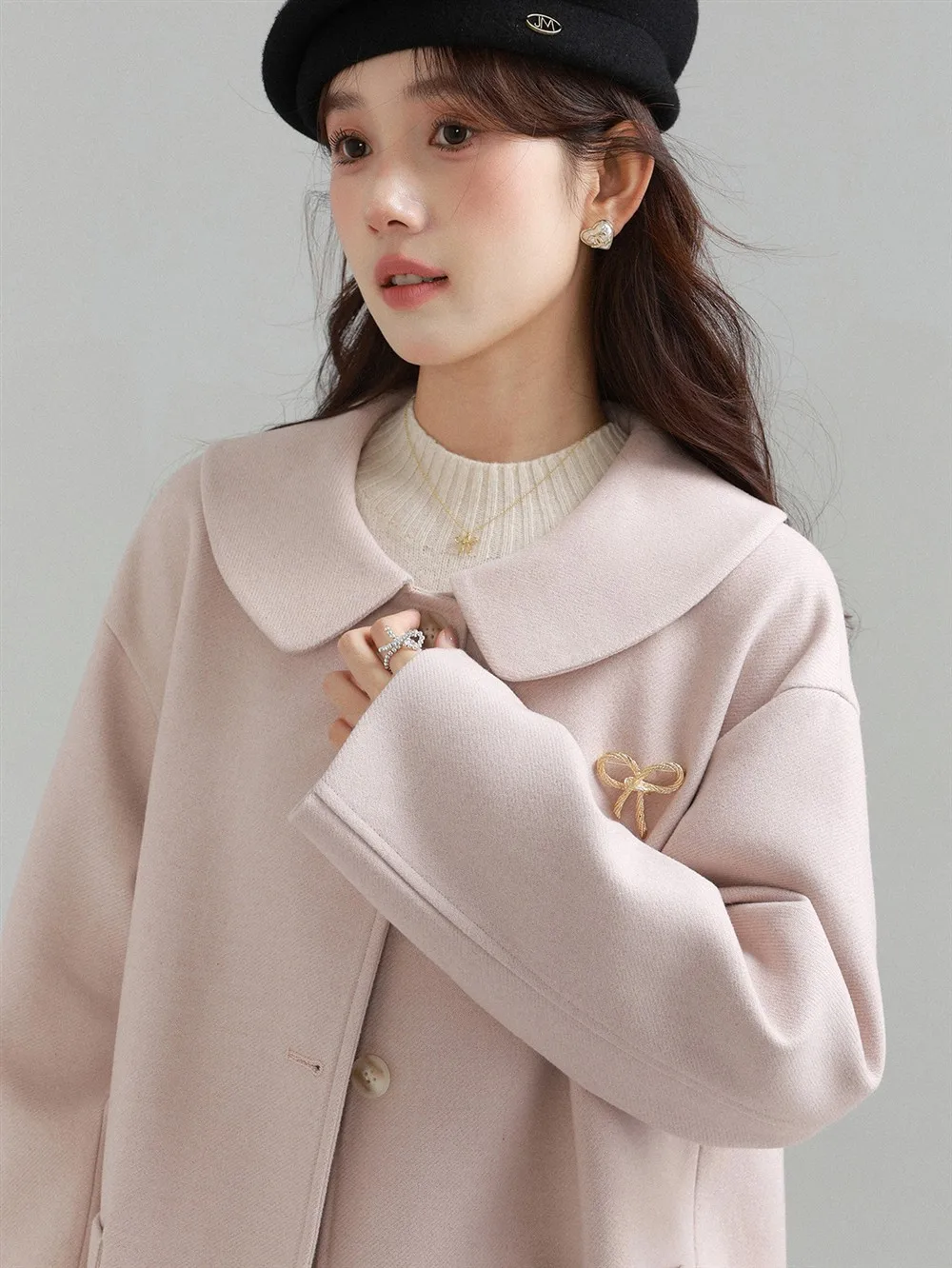 Cute Bow-Collar Wool-Like Coat Women Lady Loose Warm Winter Overcoat Soft Cozy Oversized Outerwear for Sweet Daily Fashion Looks