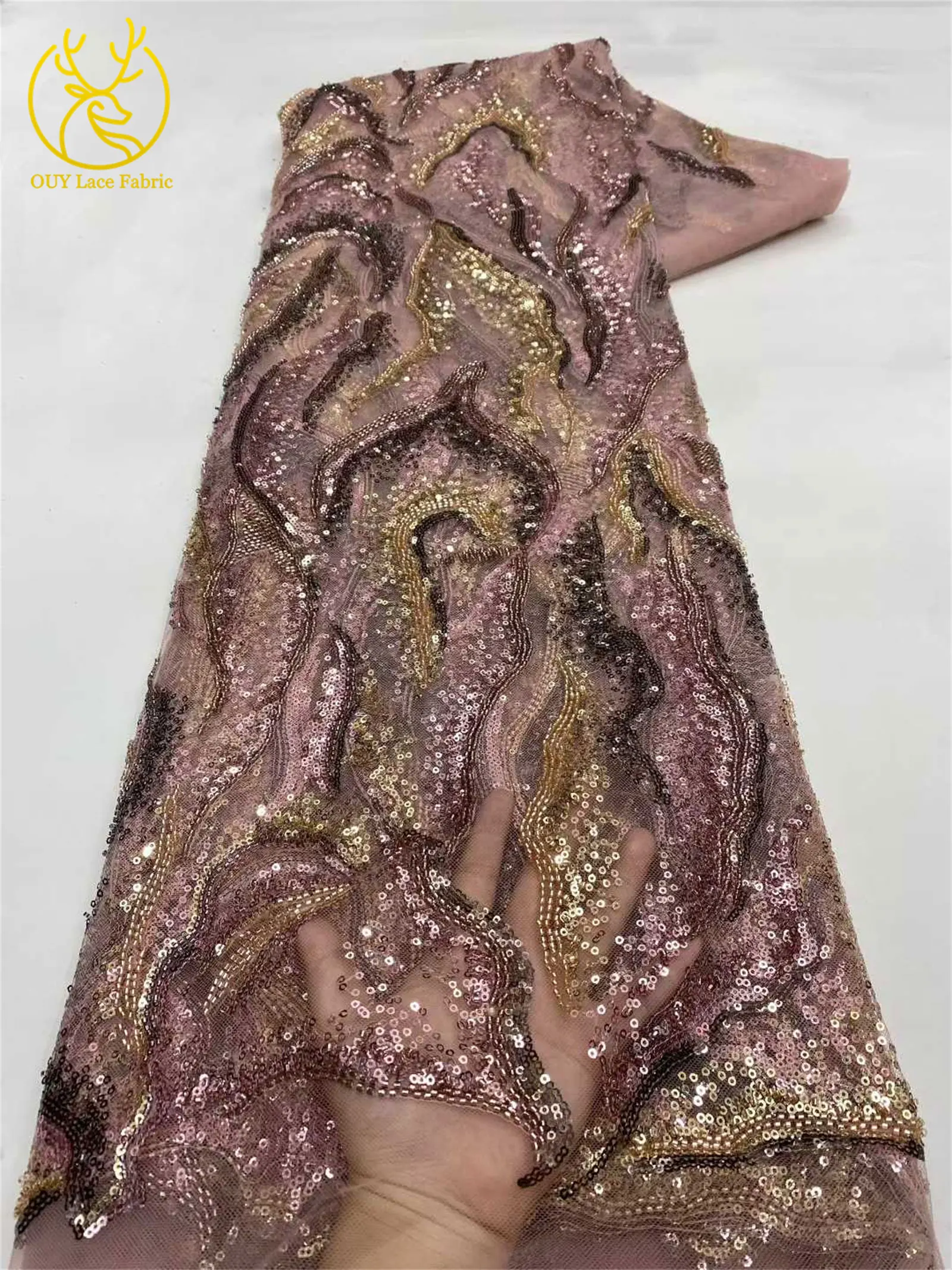 Luxuriöser nigerianischer Brautkleid-Stickerei-Perlen-Spitzenstoff 2026 – Hochwertiger afrikanischer Tüll mit Pailletten für Damen-Abendkleider zum Nähen – Detail 15