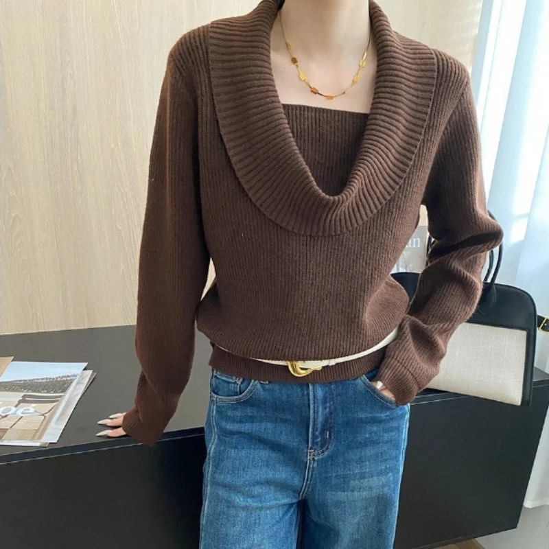 Pulôveres de malha feminino suéteres sólidos em torno do pescoço mangas compridas leve estiramento solto casual senhora do escritório 2025 outono inverno
