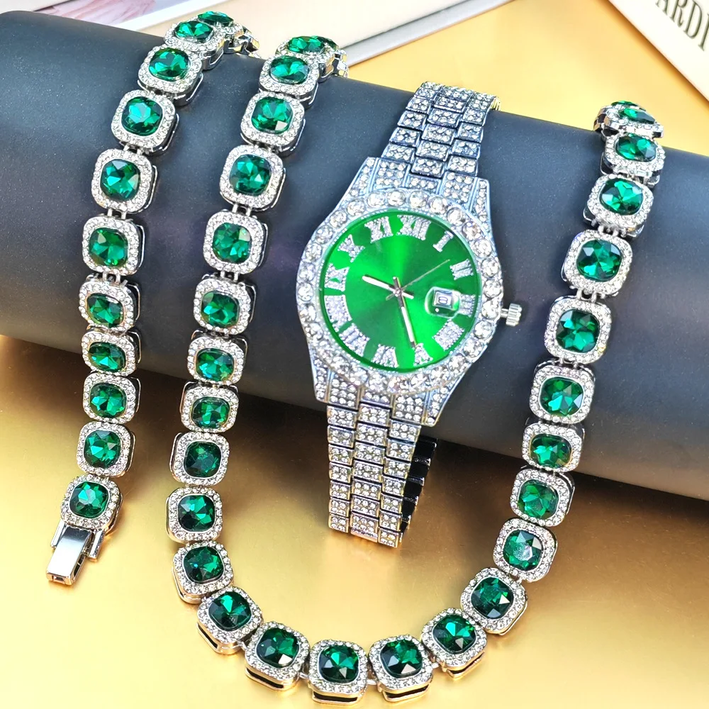 Purcolasia Green Color Tennis Chain Hip Hop Necklace Watch Iced Out Chain Jewelry Sets for Men Woman