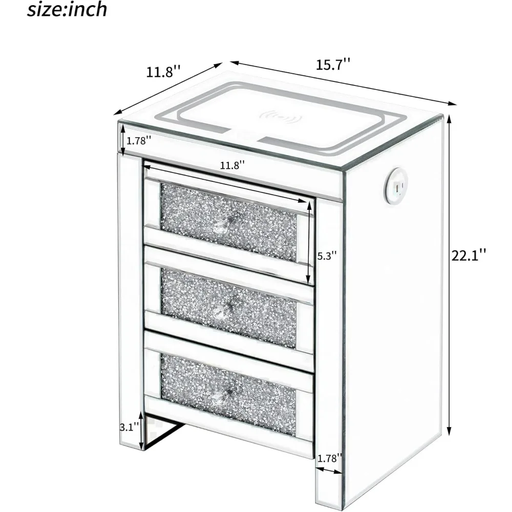 Mirrored Nightstand, LED Lights and Wireless & USB Charging with Crystal Inlays, Mirror Finish and 3 Drawers, Silver NightStands