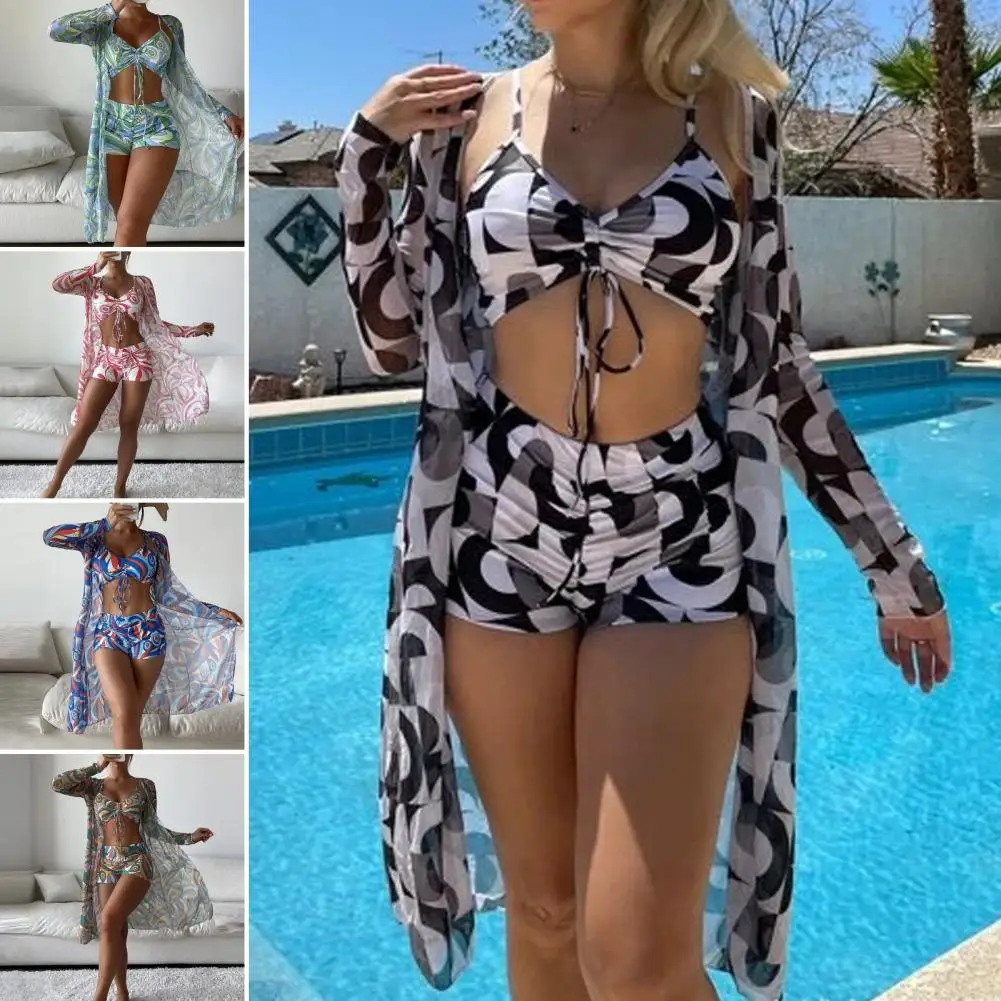 Traje de baño de tres piezas para mujer, conjunto de Bikini con estampado Floral, pantalones cortos de cintura alta, Tankini de realce, conjunto de encubrimiento para mujer