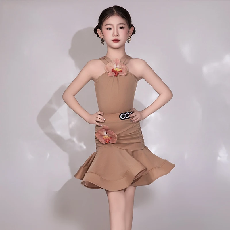 

Khaki Latin Dance Dress For Girl Sleeveless Bodysuit Ruffle Skirt Children Cha Cha Dancing Stage Costume Latin Dance Wear 1540