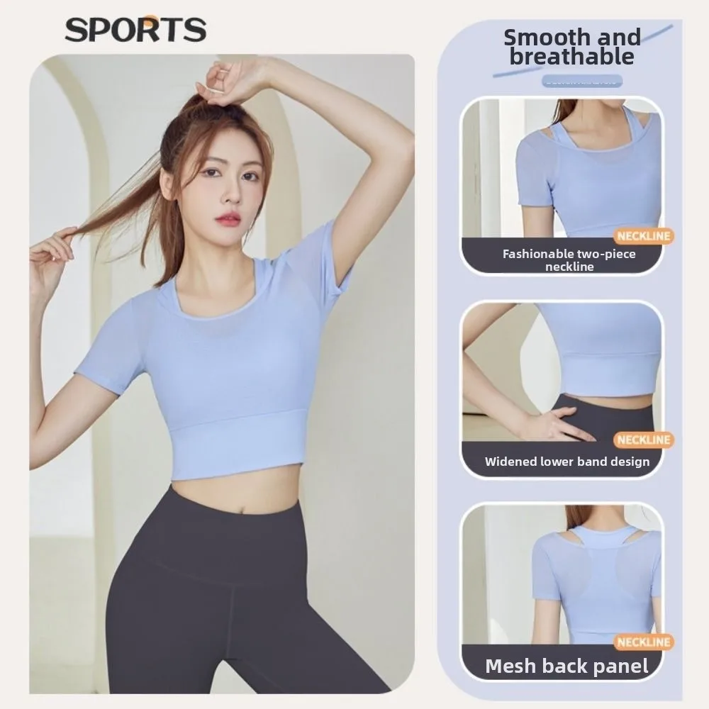 

Short Sleeve Women Yoga Shirts Fake 2 Pieces Padded Sports Tees Breathable Mesh Fitness Sportswear Running Undershirt