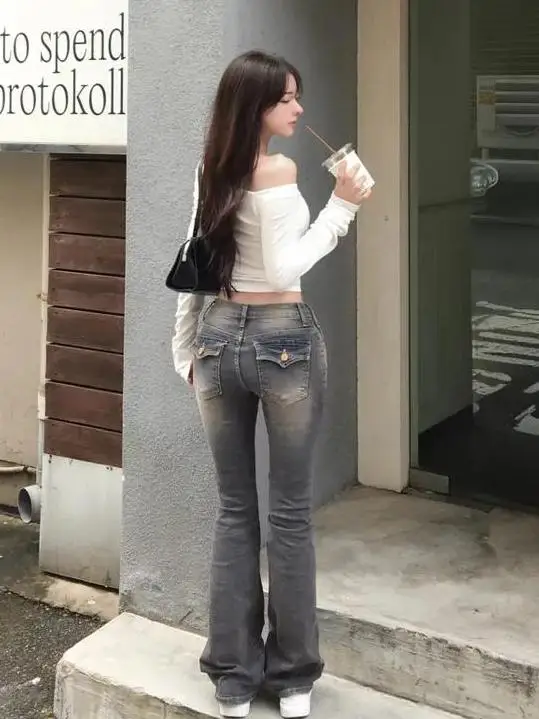 Blue Grey Denim Pants Women's Version Booty Enhancing Micro Flared Jeans Breathable Natural Waist Jeans Female Celebrities