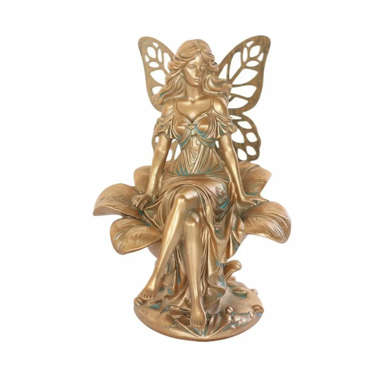Fairy Sitting on Flower Figurine Weather Resistant Flower Fairy Statue for Patio