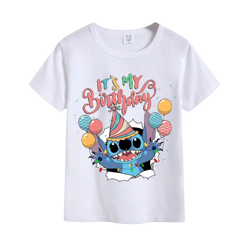 Stitch Disney Children Birthday T-shirts Kawaii Disney Cartoon Printed Kids Tops Boy Girl Short Sleeves 2024 Baby Summer Clothes