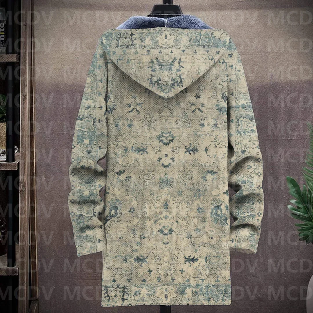 Men's Retro Pattern Print Plush Thick Long-Sleeved Coat Fleece Hooded Overcoat Men Thick Warm Jacket