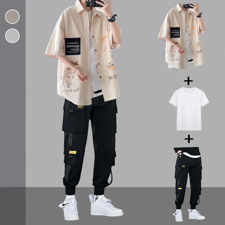 

Летний модный мужской комплект из трех предметов: стильный рабочий костюм, рубашка с коротким рукавом, свободный крой, полиэстер, повседневный молодежный стиль